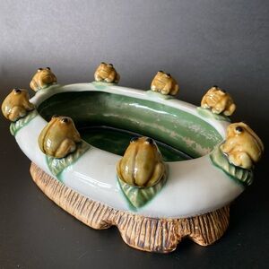 Vintage Majolica ceramic frog planter, 10”, no chips, cracks, marked on bottom